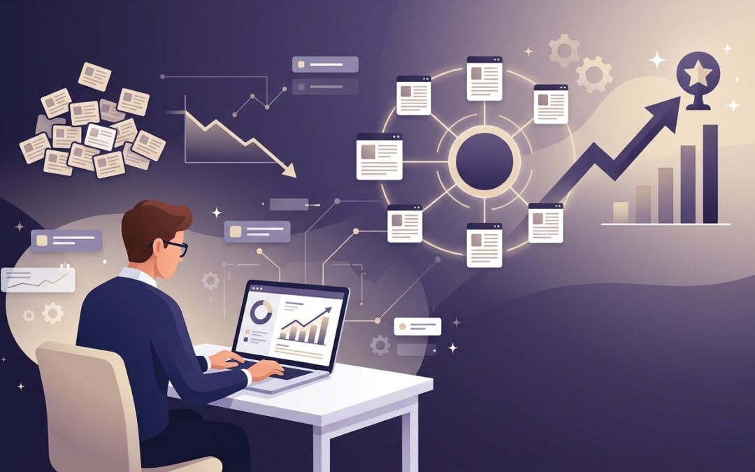 Estrutura de autoridade tópica com conteúdos interligados melhorando o SEO do site