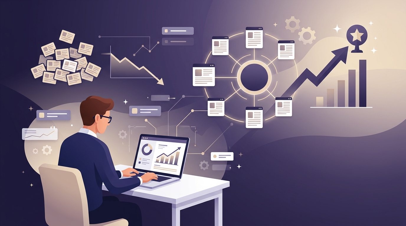 Estrutura de autoridade tópica com conteúdos interligados melhorando o SEO do site