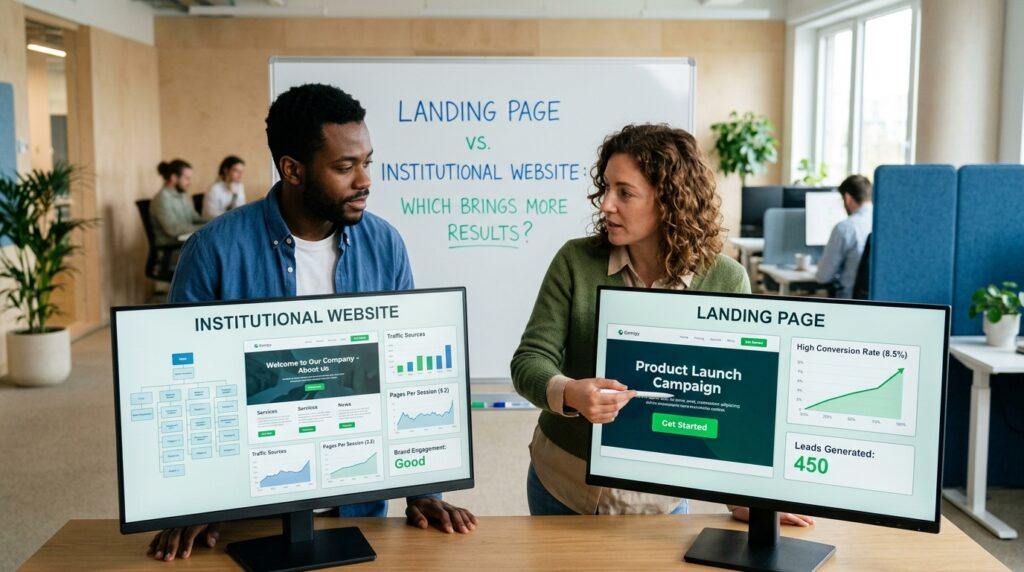 Comparação entre landing page e site institucional mostrando estrutura de conversão