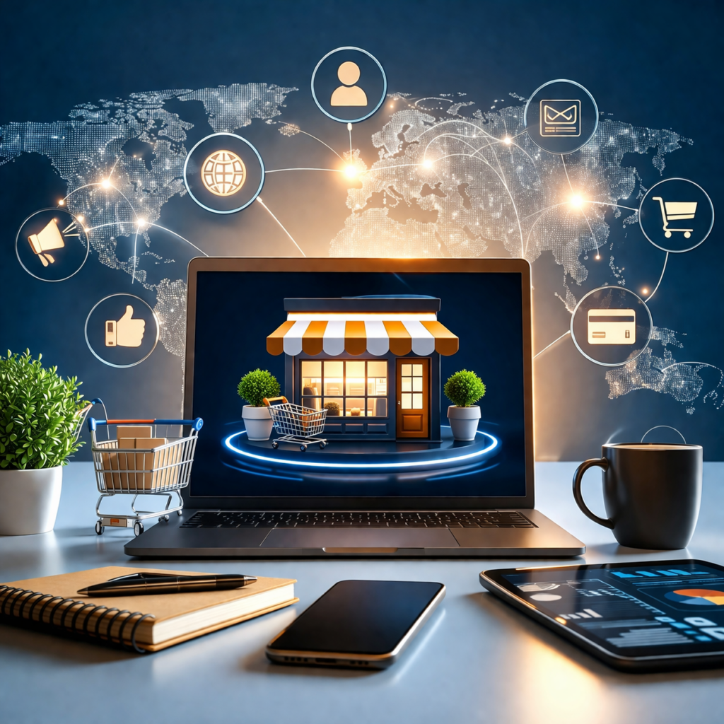 Empreendedor em escritório moderno configurando presença digital da empresa no laptop.