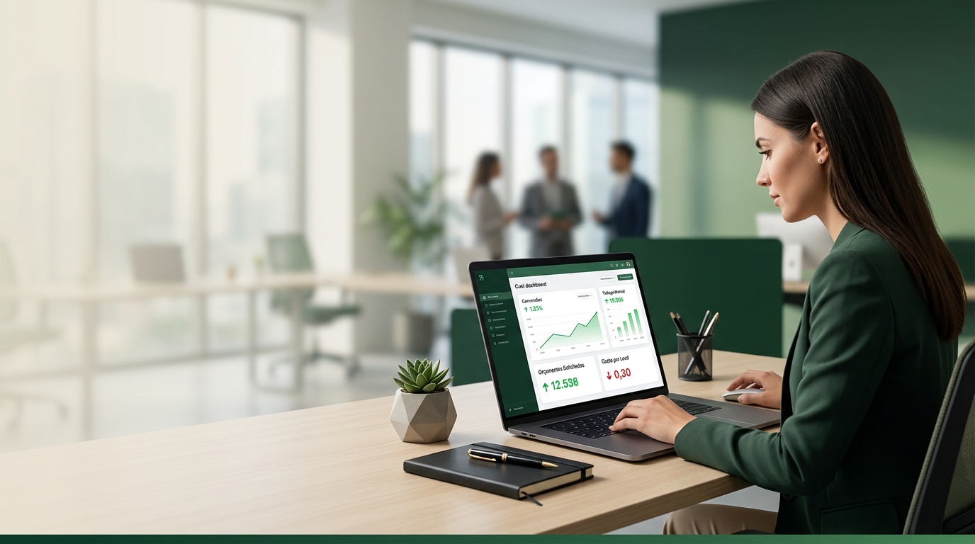 Empresário preocupado analisando site que não gera orçamentos em um laptop moderno
