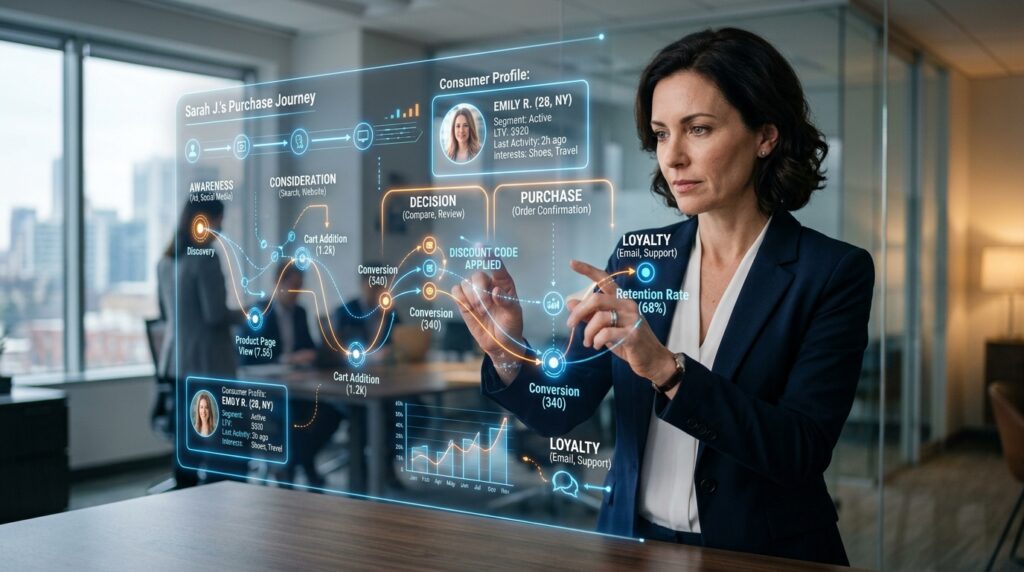 Infográfico sobre jornada de compra na IA e marketing digital de performance.