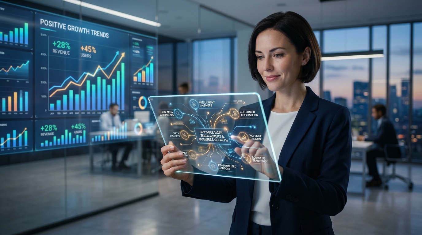 Especialista analisando interface de SEO para IA e crescimento digital.
